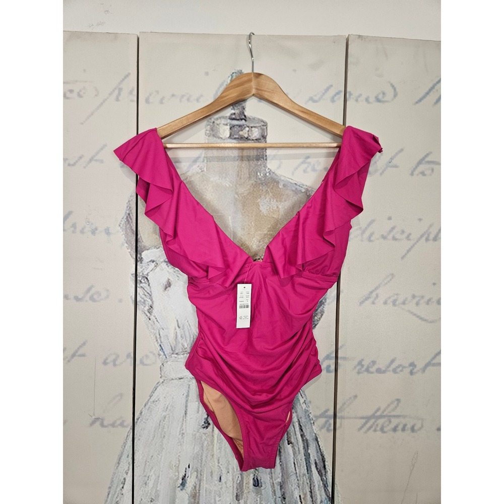 NWT J.Crew One Piece Swimsuit 8 Pink Ruffle V-Neck Ruched BP222